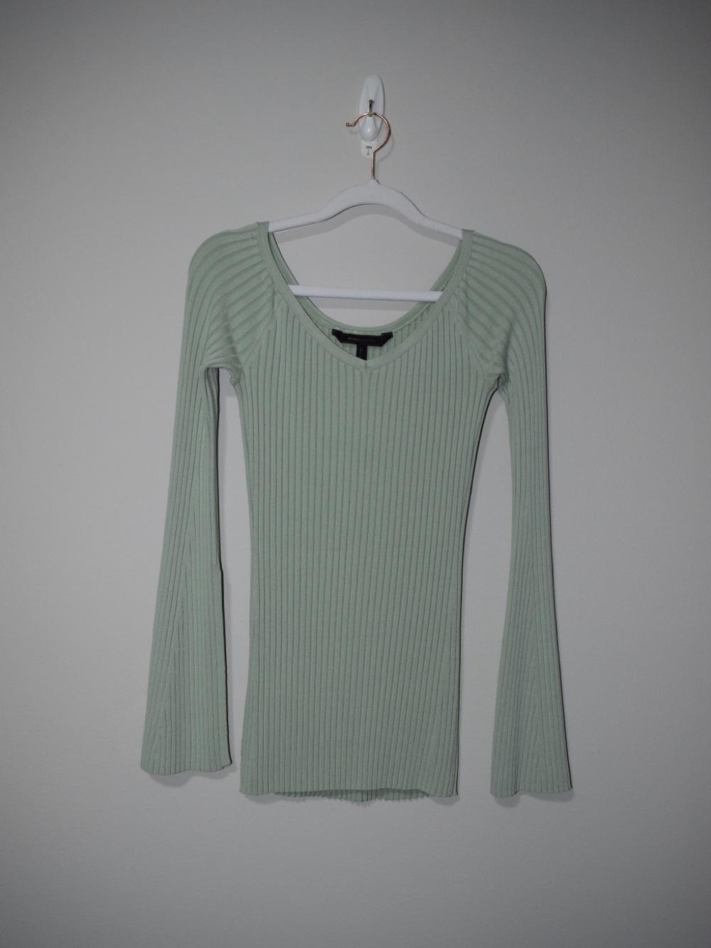 BCBGMaxAzria Ribbed V-Neck Long Sleeve Top in Sage Green